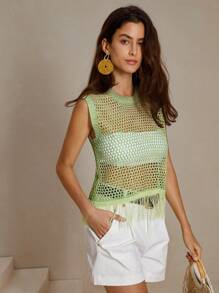 Anewsta Chaleco sin mangas de malla con flecos para mujer para vacaciones en la playa - Verde militar - Ver 6