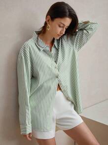 Anewsta Green Striped Loose And Comfortable Commuting Shirt
