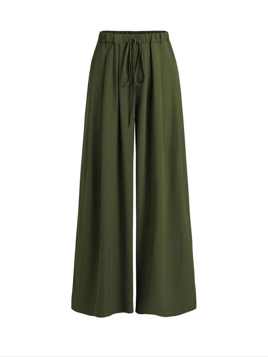 SHEIN Essnce Women Fashion High Waist Decorative Belt Wide Leg Straight Pants - Army Green - View 1