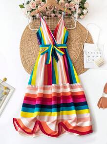 SHEIN Holidaya 大码女式条纹细肩带收腰连衣裙 - 彩色 - 查看 1