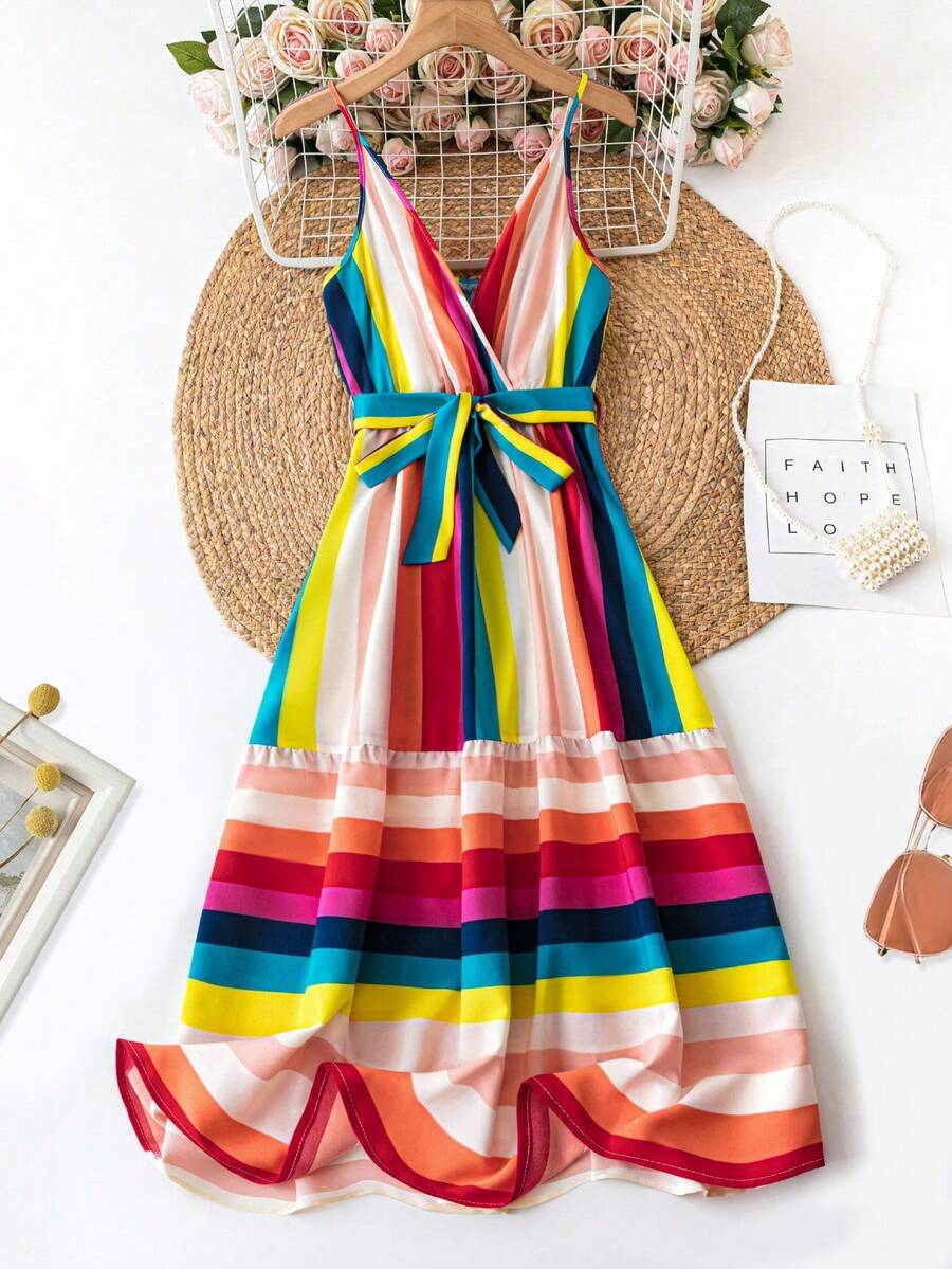 SHEIN Holidaya 大码女式条纹细肩带收腰连衣裙 - 彩色 - 查看 1