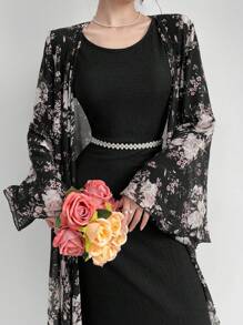 Modelyn Women Floral Print Bell Sleeve Coat And Solid Color Slim Long Dress Two-Piece Set For Spring/Autumn 2 Pieces Set