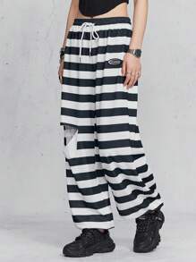 SHEIN EZwear 女性字母貼花撕破條紋運動長褲 - 黑與白 - 查看 3
