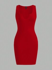 Slaydiva 红色休闲百搭大码女式紧身 V 领无袖短裙，适合夏季 - 紅色 - 查看 2