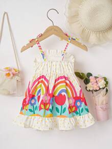 Bebeluşă Rochie Cami cu Volane, Textură Ţesută, Imprimare De Flori, Cu dantelă