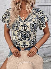 SHEIN LUNE In đầy đủ Áo sơ mi mùa hè tay áo cổ chữ V cắt ngẫu nhiên - Nhiều màu - Xem 6