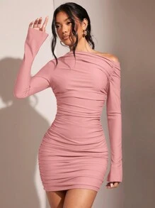 SHEIN BAE 女士露肩長袖修身迷你連身裙，褶皺設計 - 藕粉色 - View 6