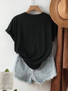 INAWLY Plus Size Magnetic Tape Printed Round Neck Short Sleeve Casual T-Shirt For Summer