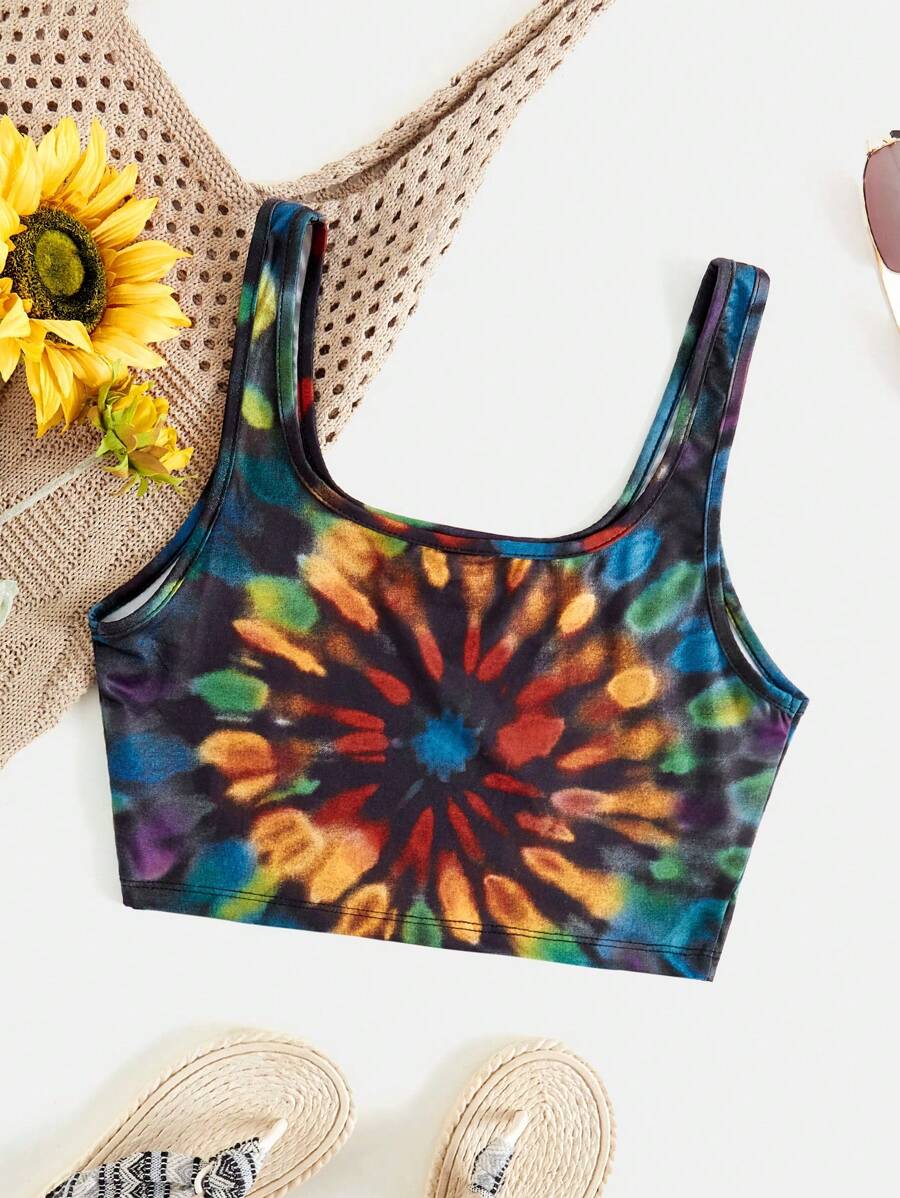 SHEIN VCAY Music Festival Spring/Summer Beach Position Tie-Dye Slim Fit Cropped Tank Top Top For Vacation