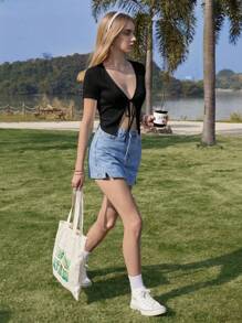 SHEIN EZwear Women Black Knitted Tie Front Summer Short Sleeve Top