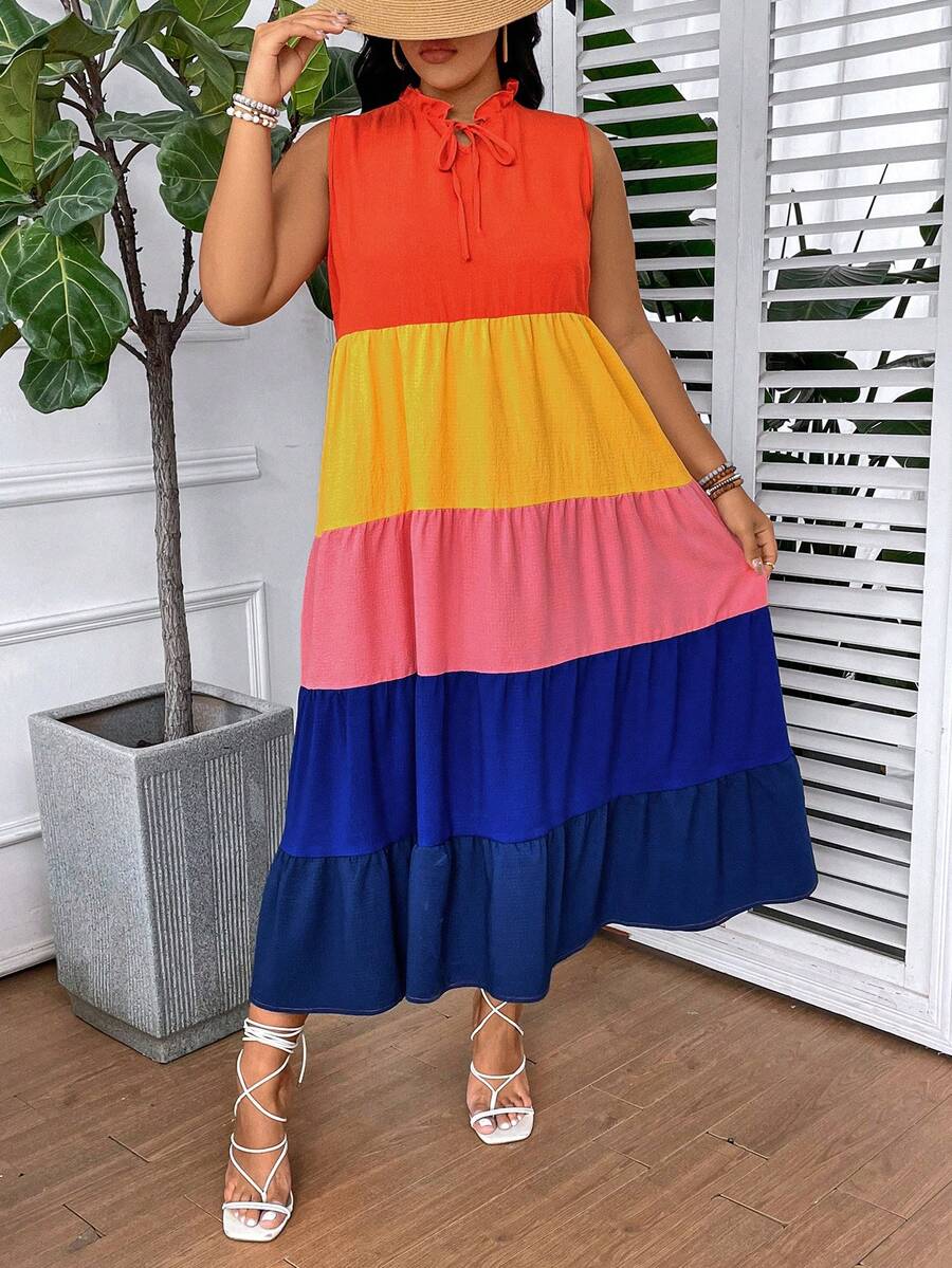 SHEIN VCAY 大碼顏色拼接打結領口荷葉邊休閒無袖夏季連衣裙 - 彩色 - 查看 1