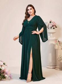SHEIN Belle Dark Green Plus Size Bridesmaid Dress,Spring Formal Elegant Evening Deep V-Neck High Side Split Dramatic Puff Sleeve Prom Wedding Guest Gown,Dinner - Dark Green - View 6