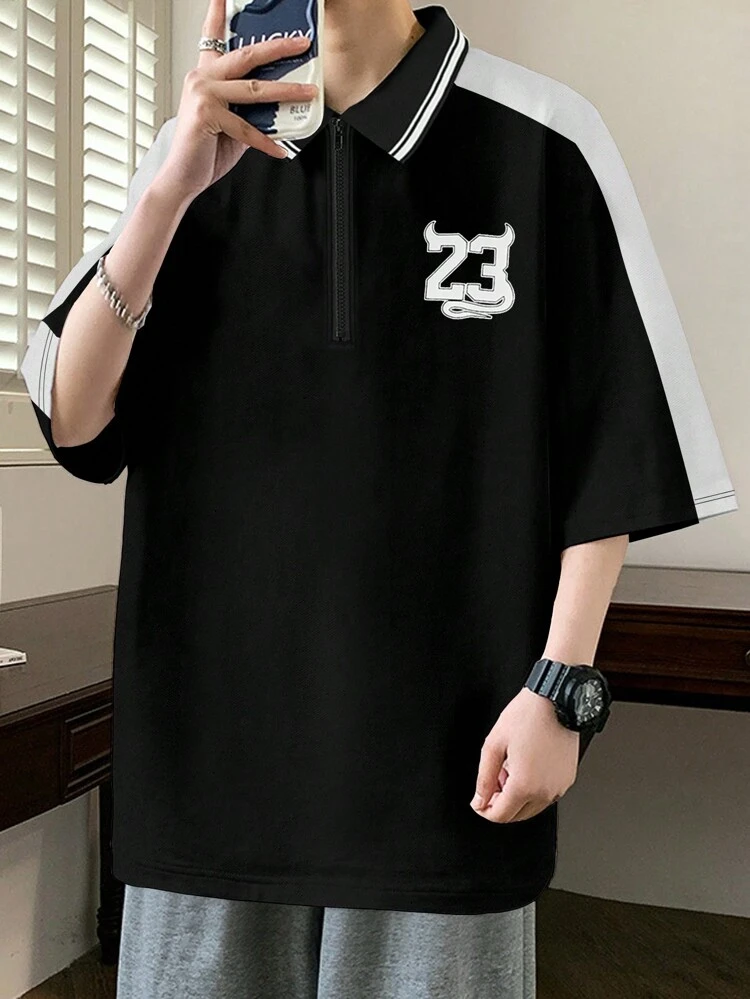 Men's Color Block Spliced Digital Printed Zip-Up Polo Shirt