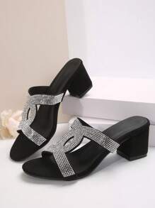Spring/Summer New Versatile Rhinestone Thick Heel Women Sandals - Black - View 6
