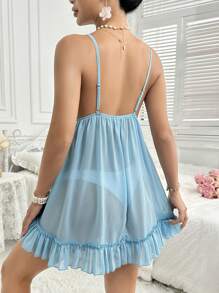 纯色雪纺性感睡裙，V 领、荷叶边和蝴蝶结装饰 - 淺藍色 - 查看 2