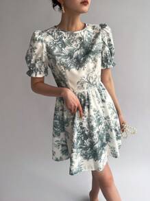 Firerie Women Bubble Sleeve A-Line Landscape Painting Printed Dress - Green - View 6