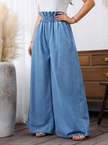 EMERY ROSE Women Plain Simple Daily Paper Bag Waist Wide Leg Jeans