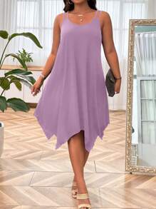 SHEIN LUNE Plus Size Women Asymmetrical Hem Summer Dress With Double Shoulder Strap - Lilac Purple - View 5