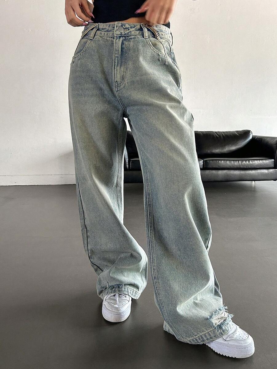 DAZY Quần Jeans Ống Loe Cạp Cao Cho Nữ Có Khóa Kéo, Quần Jeans Rộng - Rửa nhẹ - Xem 1