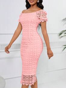 SHEIN Lady Einfarbiges passendes Spitzenkleid für Hochzeitsgäste - Altrosa - Übersicht 5