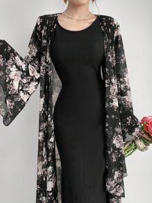 Modelyn Women Floral Print Bell Sleeve Coat And Solid Color Slim Long Dress Two-Piece Set For Spring/Autumn 2 Pieces Set