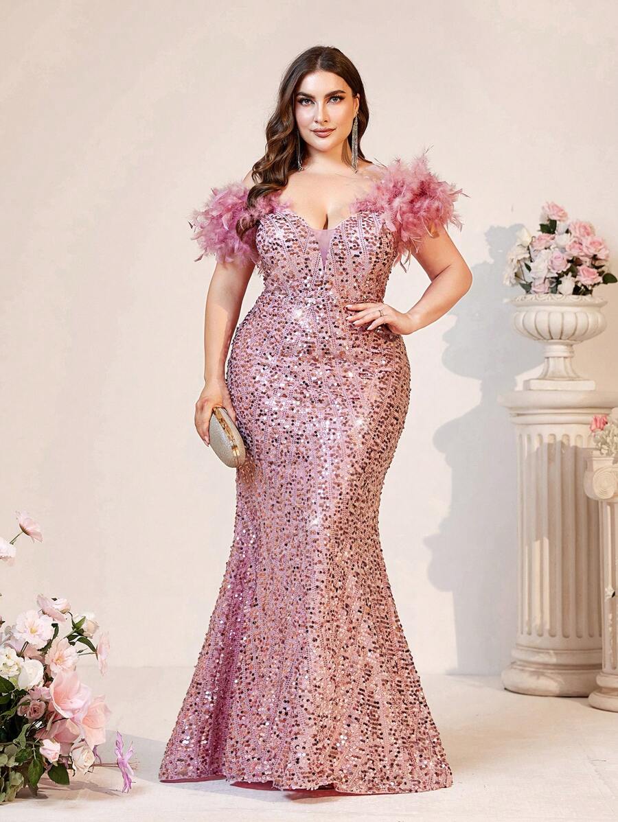 SHEIN Belle Plus Size Elegant Romantic Sequins Feather Shoulder Decor Women Evening Party Gown (Heavy Duty) (The Shoulder Feathers Are Fake, Made Of Feathers) Formal Prom Wedding Guest Dress, For Graduation, Dinner