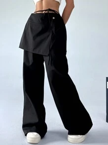 SHEIN EZwear Y2K雙層設計裙裝休閒寬褲 - 黑色 - 查看 1