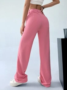 SHEIN EZwear 秋冬女士斜侧袋西装裤，接缝清晰可见 - 粉色 - 查看 2