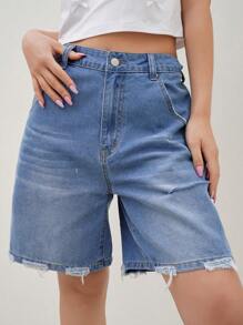 Dazy Designer Quần short denim nữ rách rưới, năm túi, quần short denim, quần jorts - Màu xanh lam - Xem 9