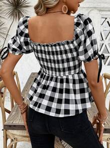 Breezaya Blusa a cuadros entallada de manga corta con lazo - Blanco y Negro - Ver 2