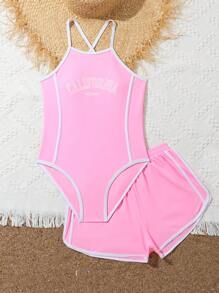 Tween Girl Fashionable Letter Graphic Contrast Piping One-Piece Swimsuit With Shorts Summer Holiday