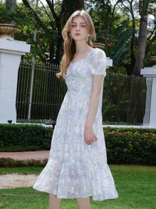 Retro Floral Print Ruffle Hem Vacation Elegant Dress - Multicolor - View 2