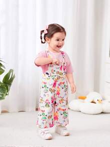 SHEIN Baby Girl Cute Casual Loose Cartoon Pattern Jumpsuit Overalls, Summer Version - White - View 3