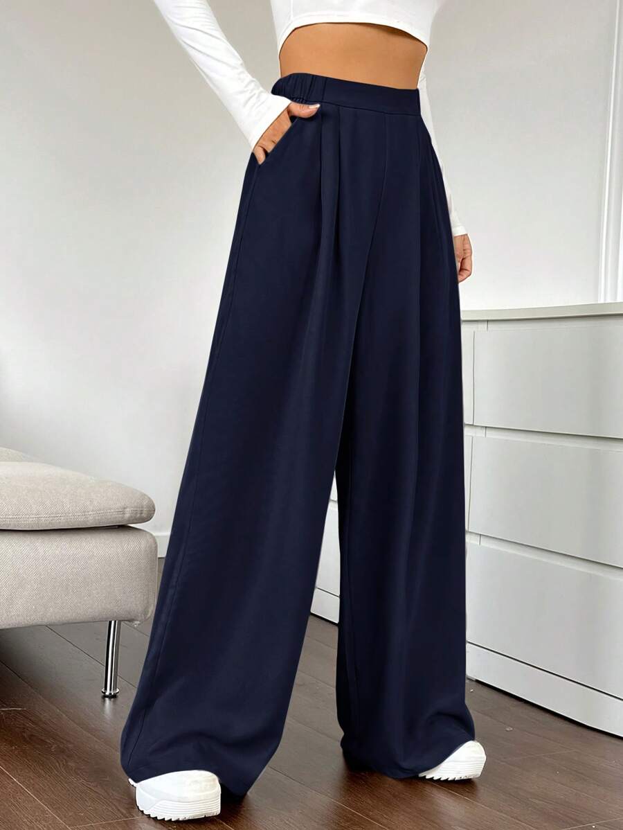 SHEIN EZwear Women Pants Kantong Plain Casual - Navy Blue - View 1
