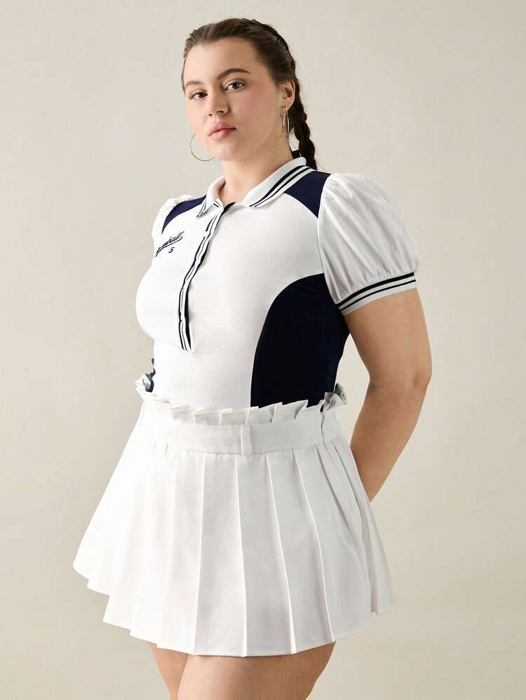 Summer Graduation Patterned Plus Size Crop-Sleeved Shirt With Turn-Down Collar For Women