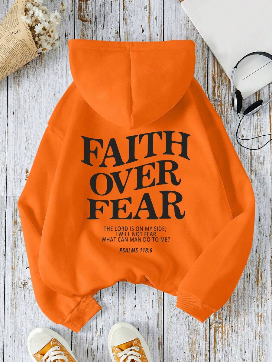 SHEIN EZwear 印有字母圖案的帶帽長袖運動衫 - 橘色 - 查看 1