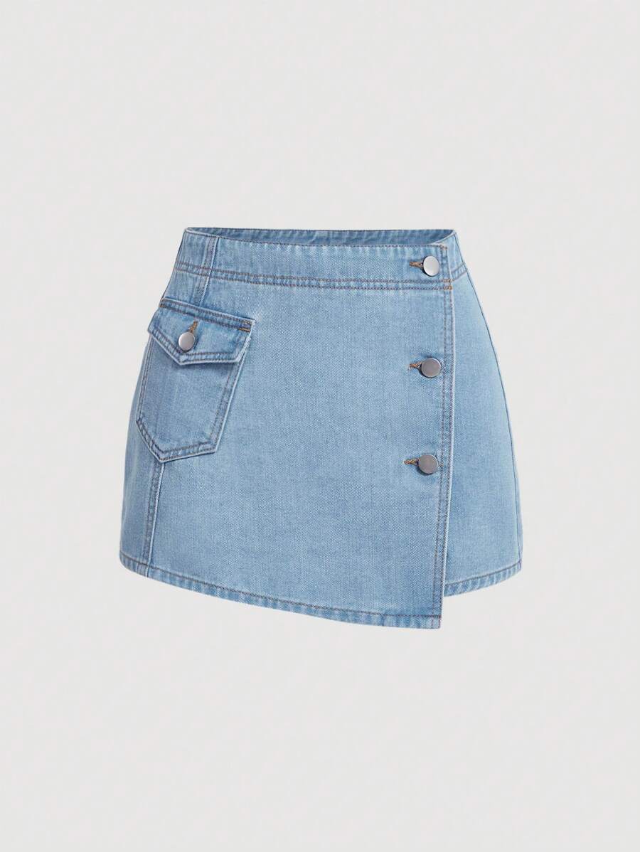 SHEIN MOD Women Denim Skirt With Asymmetrical Hemline, Flip Pocket