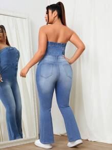SHEIN ICON Solid Color Simple Daily Plus Size Denim Jumpsuit - Blue - View 2