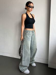 DAZY Quần Jeans Ống Loe Cạp Cao Cho Nữ Có Khóa Kéo, Quần Jeans Rộng - Rửa nhẹ - Xem 2