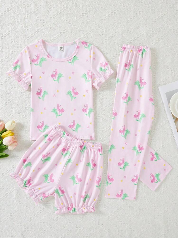 Young Girls' Pink Simple Cat Printed Relaxing 3pcs Set For Home, Including Pants & Shorts  And Short Sleeved Shirt