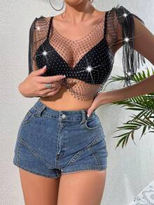 See-Through Top With Rhinestone Inlay And Fringe Decoration, Sexy Style - Black - View 3