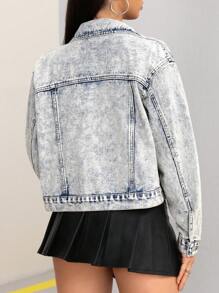 SHEIN EZwear Washed Button-Front Flap Pocket Spring And Summer Casual Denim Jacket - Light Wash - View 3
