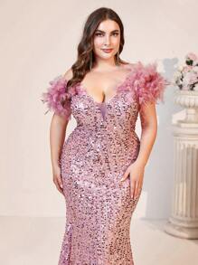 SHEIN Belle Plus Size Elegant Romantic Sequins Feather Shoulder Decor Women Evening Party Gown (Heavy Duty) (The Shoulder Feathers Are Fake, Made Of Feathers) Formal Prom Wedding Guest Dress, For Graduation, Dinner