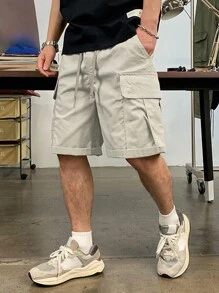 Manfinity Hypemode Loose Men Cargo Shorts With Flap Pockets And Drawstring Waist - Apricot - View 3