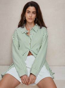 Anewsta Green Striped Loose And Comfortable Commuting Shirt