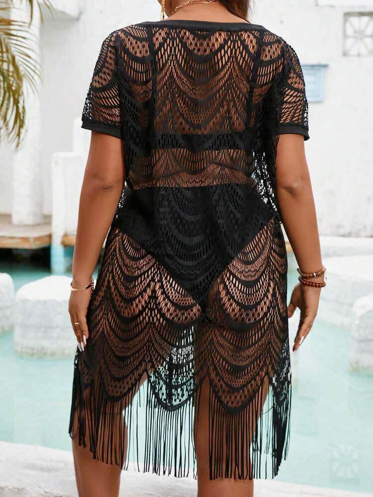 Plus Size Perspective Mesh Hollow Out Fringe Hem Dress