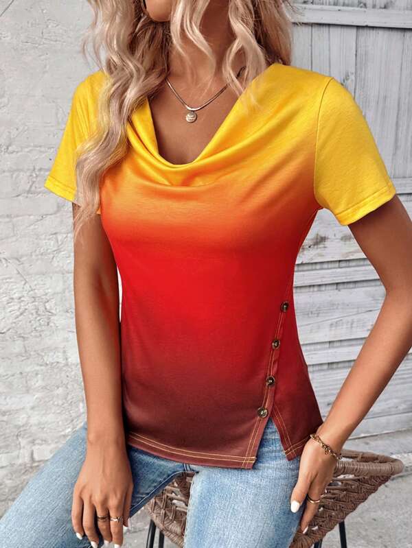 LONESS Women Gradient Round Neck Short Sleeve T-Shirt For Summer