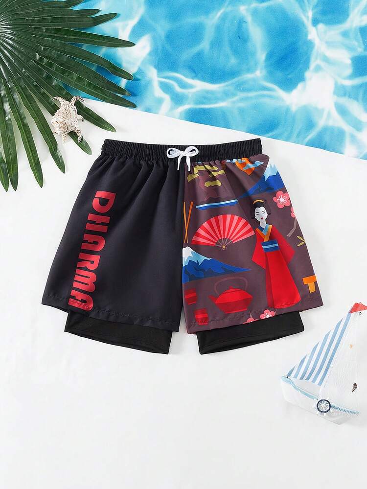 Teen Boy Japanese Style Letter Print Drawstring Waist 2 In 1 Swim Trunk