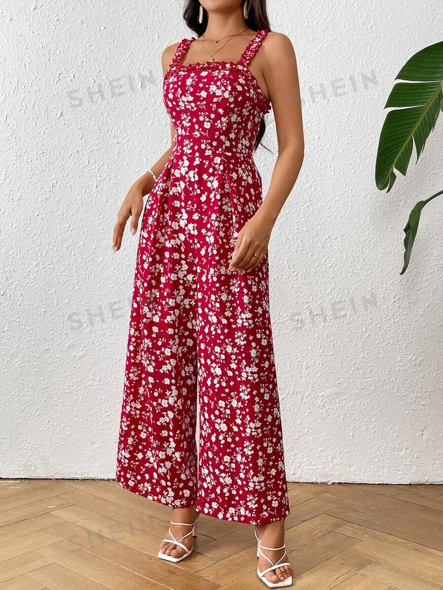 SHEIN VCAY Mono plisado estampado de damas con tirantes de espagueti, perfecto para conjuntos de vacaciones de primavera/verano