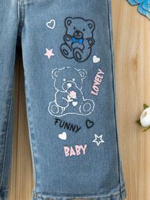 Baby Girl Light Wash Blue Loose Denim Pants With Bear Print - Light Wash - View 3